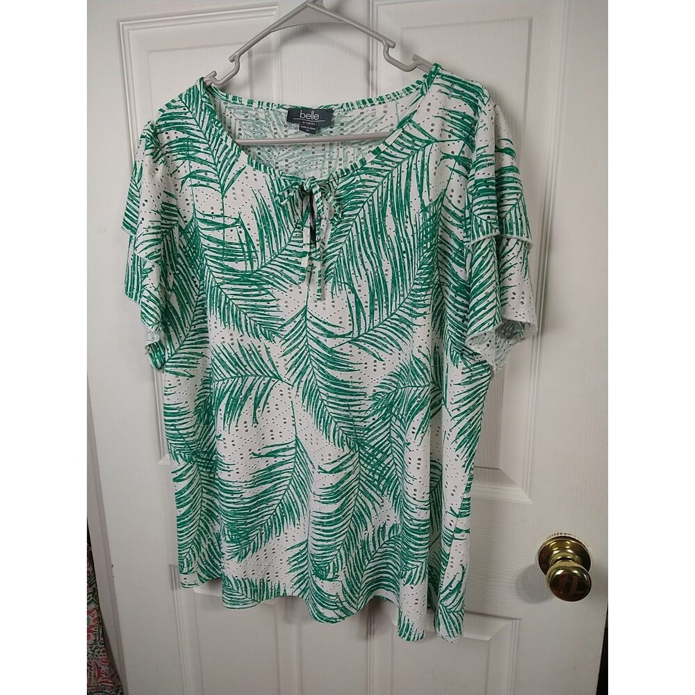 Belle By Belldini Blouse NWT Woman 2X Plus Rainforest V Tie Sheer Ruffle... - Picture 2 of 9